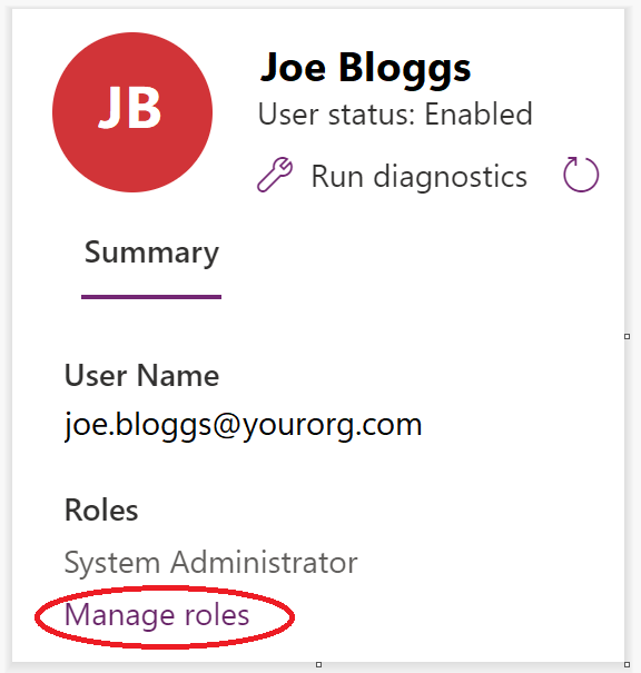 A screenshot of the user page for a test user Joe Bloggs with "Manage roles" circled in red.